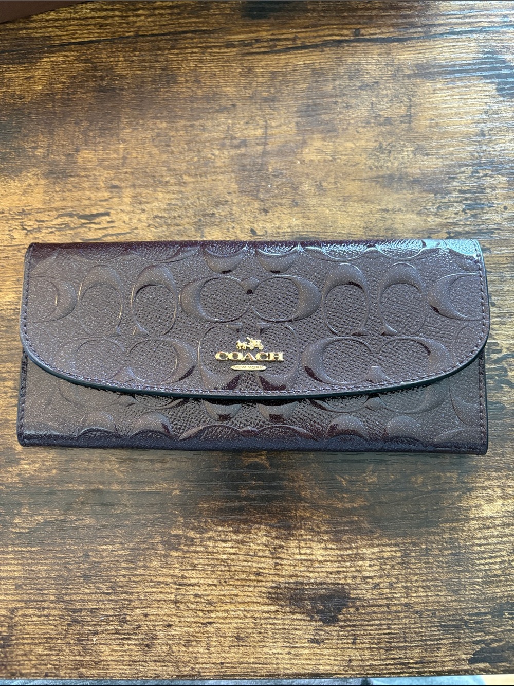 Coach Patent Signature Continental Wallet - Dark Brown